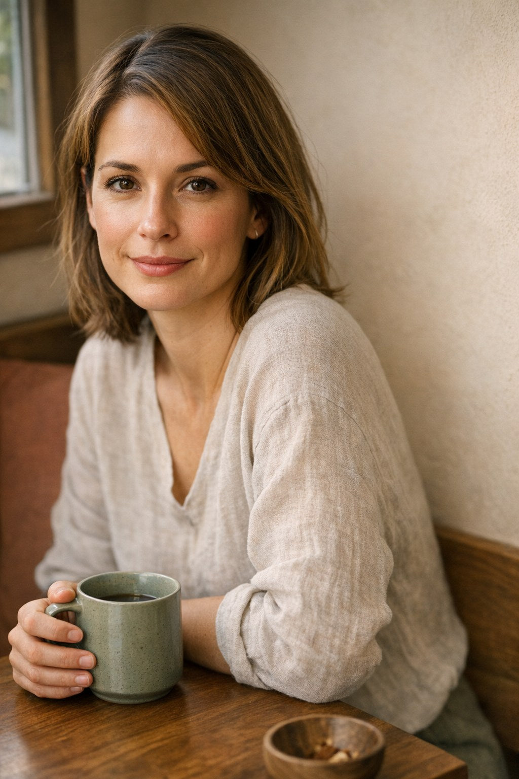Woman in warm morning light holding a mug, alert and ready for focused work