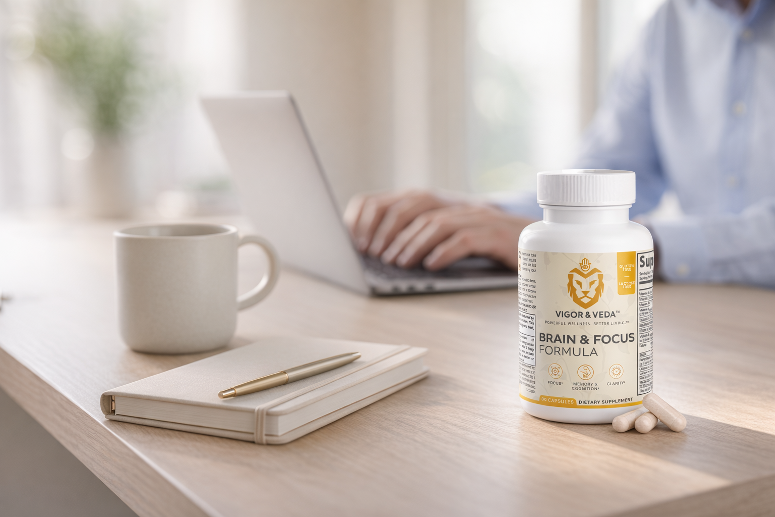 Brain and Focus bottle on a clean morning work desk with coffee and laptop