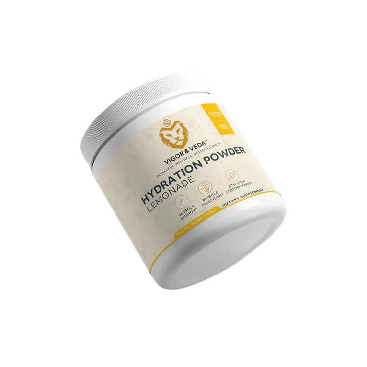 Vigor & Veda Hydration Powder (Lemonade) tub angled view
