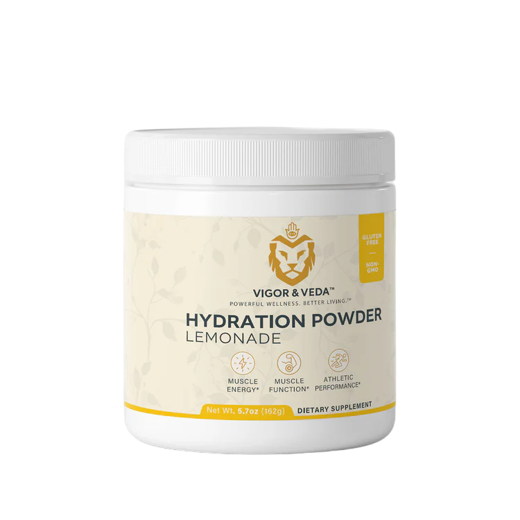 Vigor & Veda Hydration Powder (Lemonade) tub with scoop