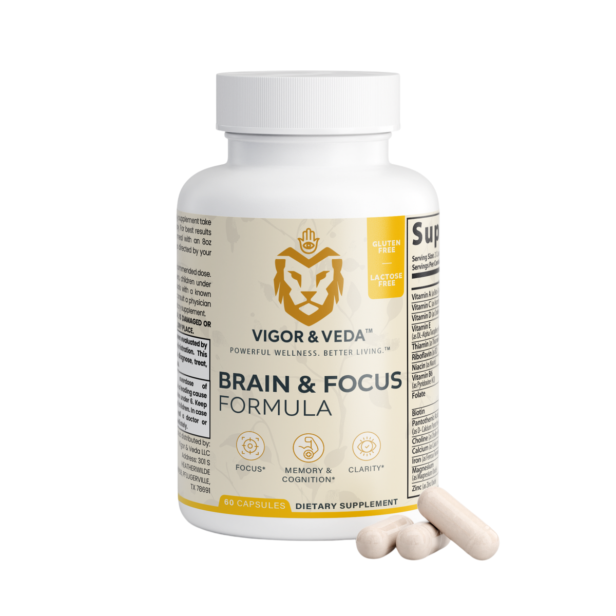 Vigor & Veda Brain & Focus Formula bottle angled view