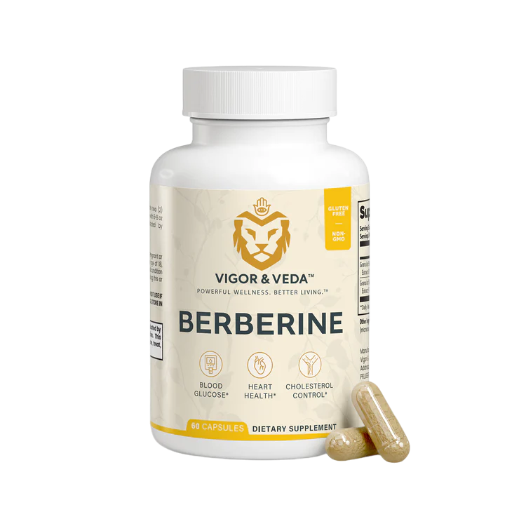 Vigor & Veda Berberine bottle front with two capsules