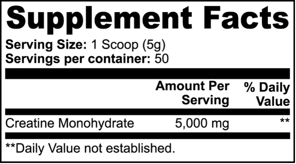 Vigor & Veda Creatine Monohydrate supplement facts label