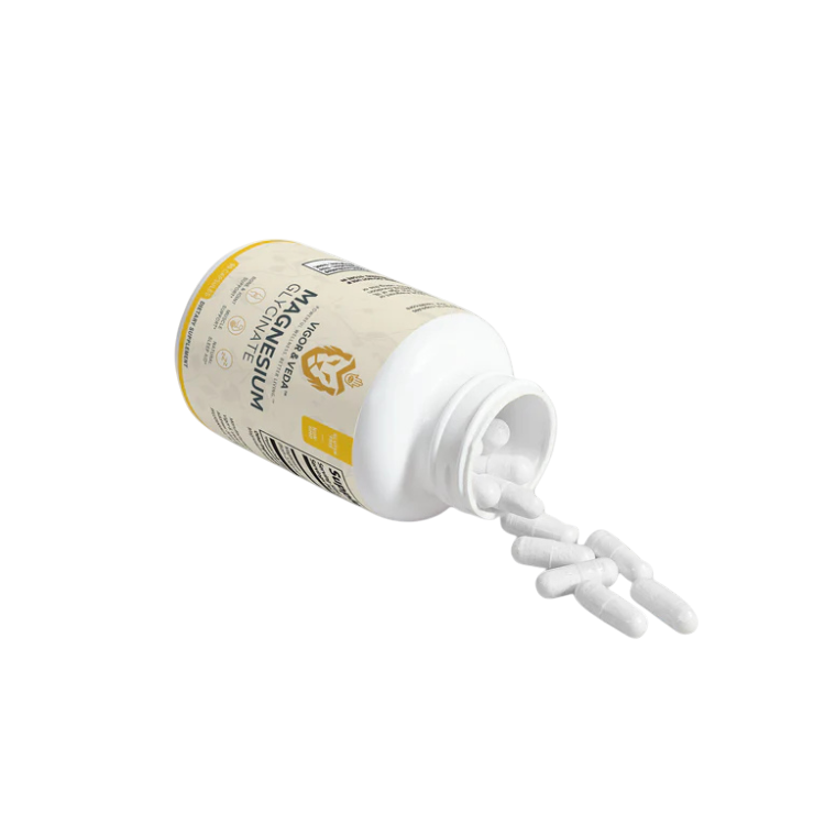 Vigor & Veda Magnesium Glycinate bottle with capsules spilled