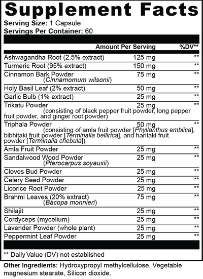 Vigor & Veda Ayurvedic Complex supplement facts label