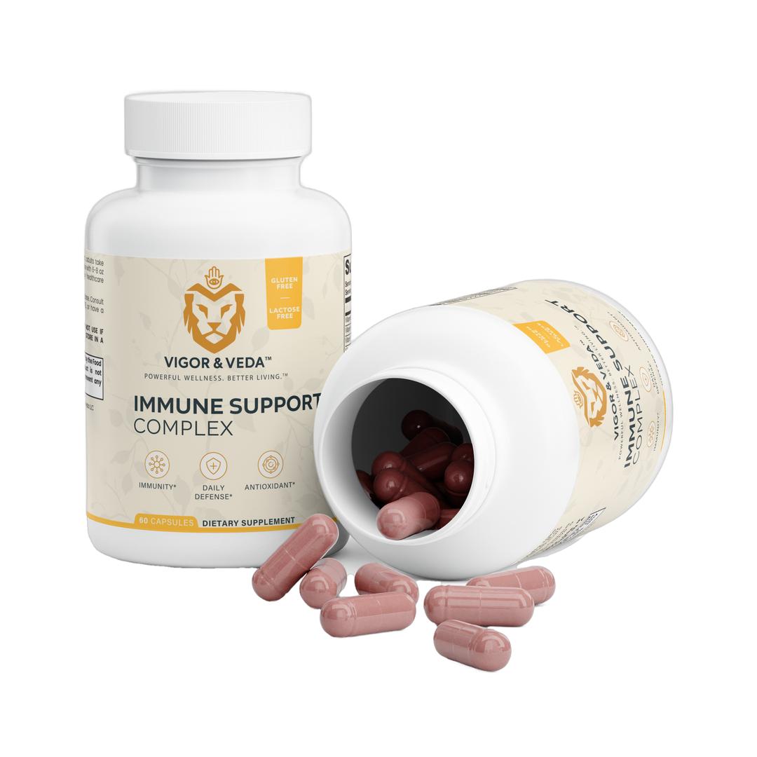 Vigor & Veda Immune Support Complex open bottle with capsules