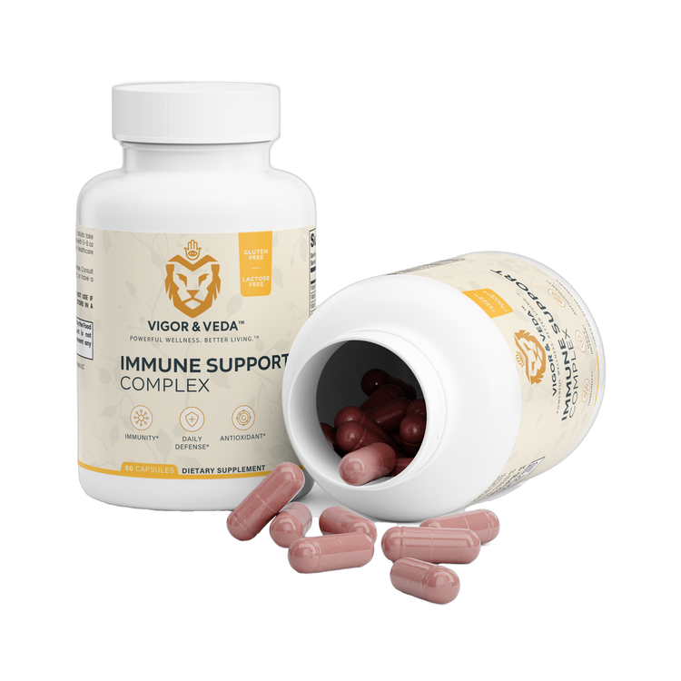 Vigor & Veda Immune Support Complex open bottle with capsules