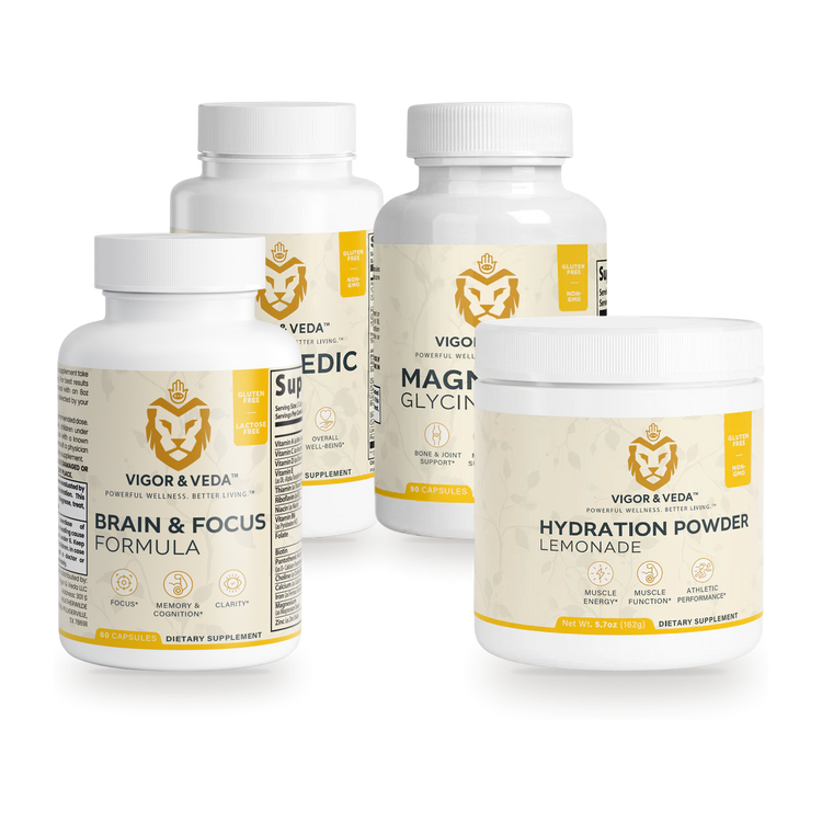 Vigor & Veda Mind & Body Balance Pack: Brain & Focus Formula, Ayurvedic Complex, Magnesium Glycinate and Hydration Powder Lemonade