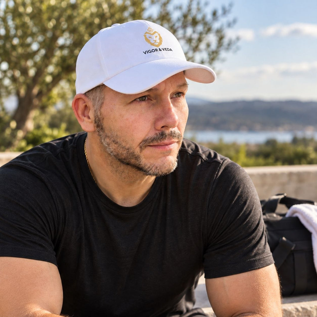 Vigor & Veda logo cap lifestyle image outdoors