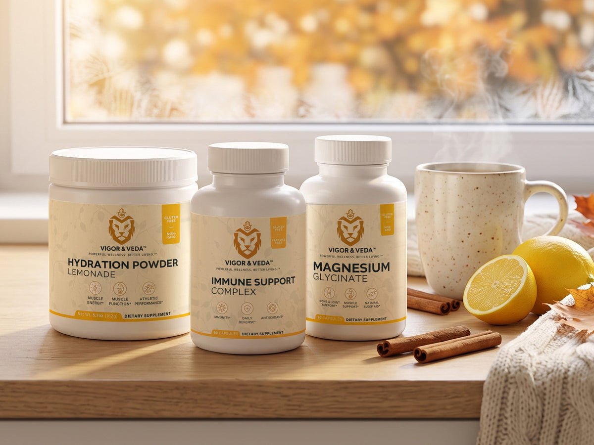 Vigor & Veda Winter Wellness bundle: Hydration Powder Lemonade, Immune Support Complex and Magnesium Glycinate on a sunlit kitchen counter