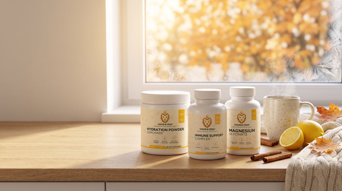 Vigor & Veda Winter Wellness bundle: Hydration Powder Lemonade, Immune Support Complex and Magnesium Glycinate on a sunlit kitchen counter