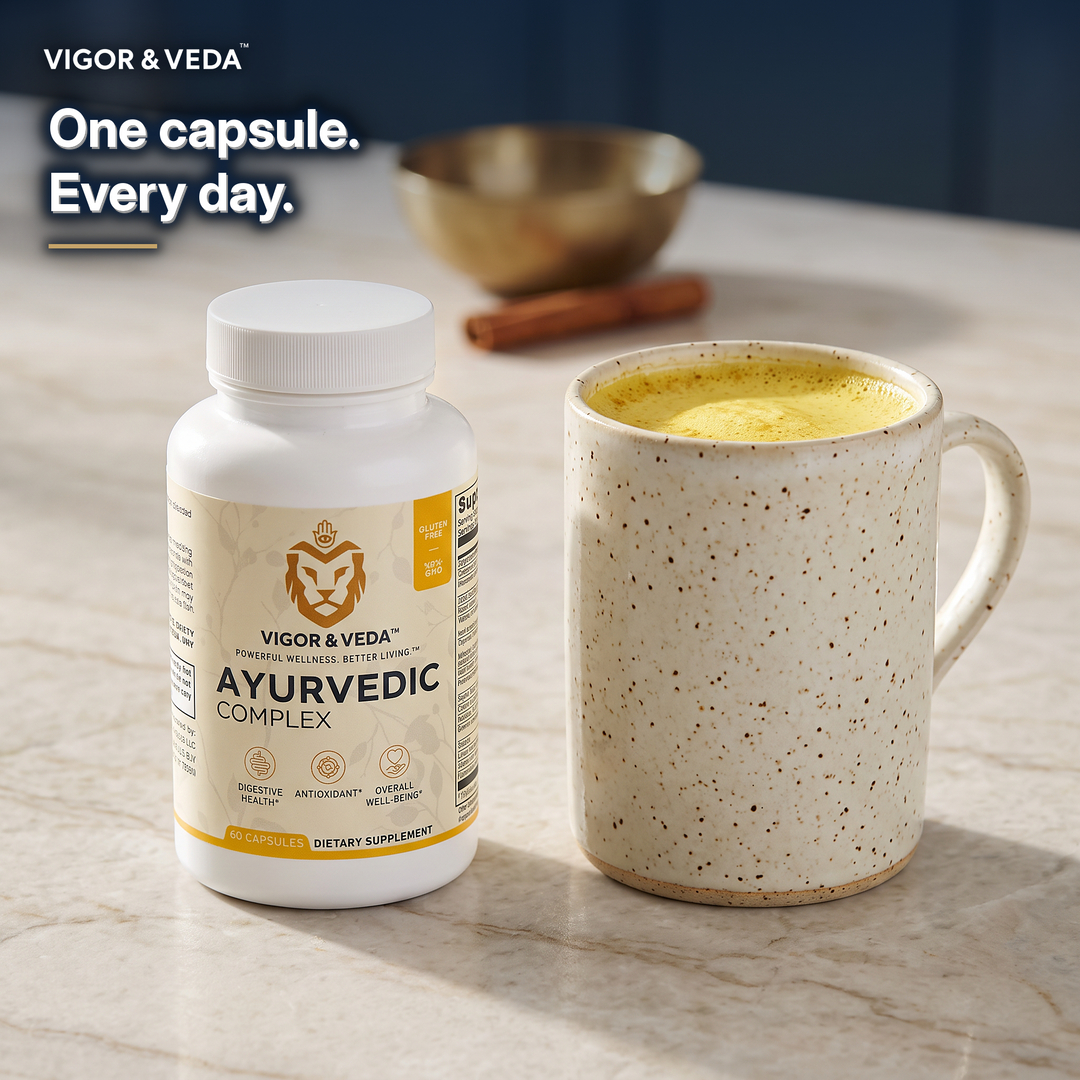Vigor & Veda Ayurvedic Complex with a mug of golden milk, daily ritual