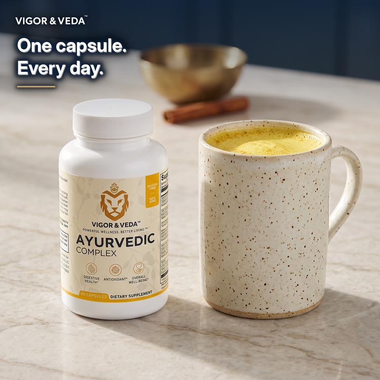 Vigor & Veda Ayurvedic Complex with a mug of golden milk, daily ritual