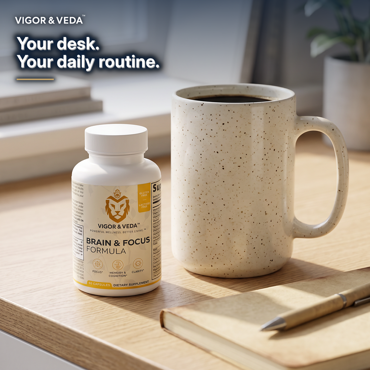 Vigor & Veda Brain & Focus Formula with a coffee mug at a desk, daily ritual