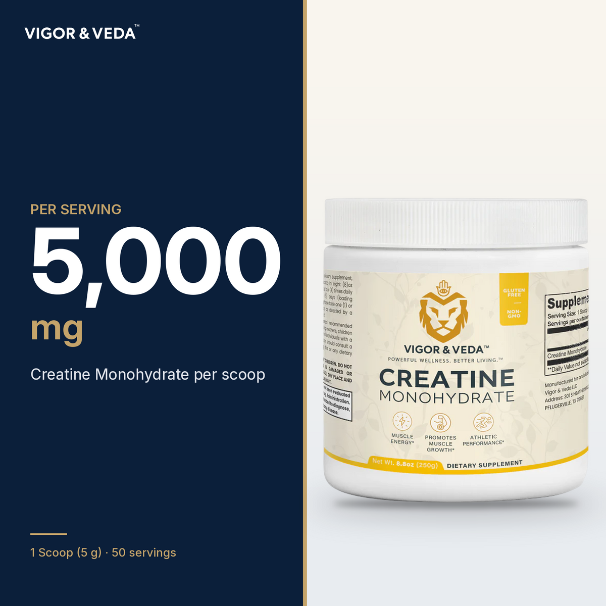Vigor & Veda Creatine Monohydrate dose per serving