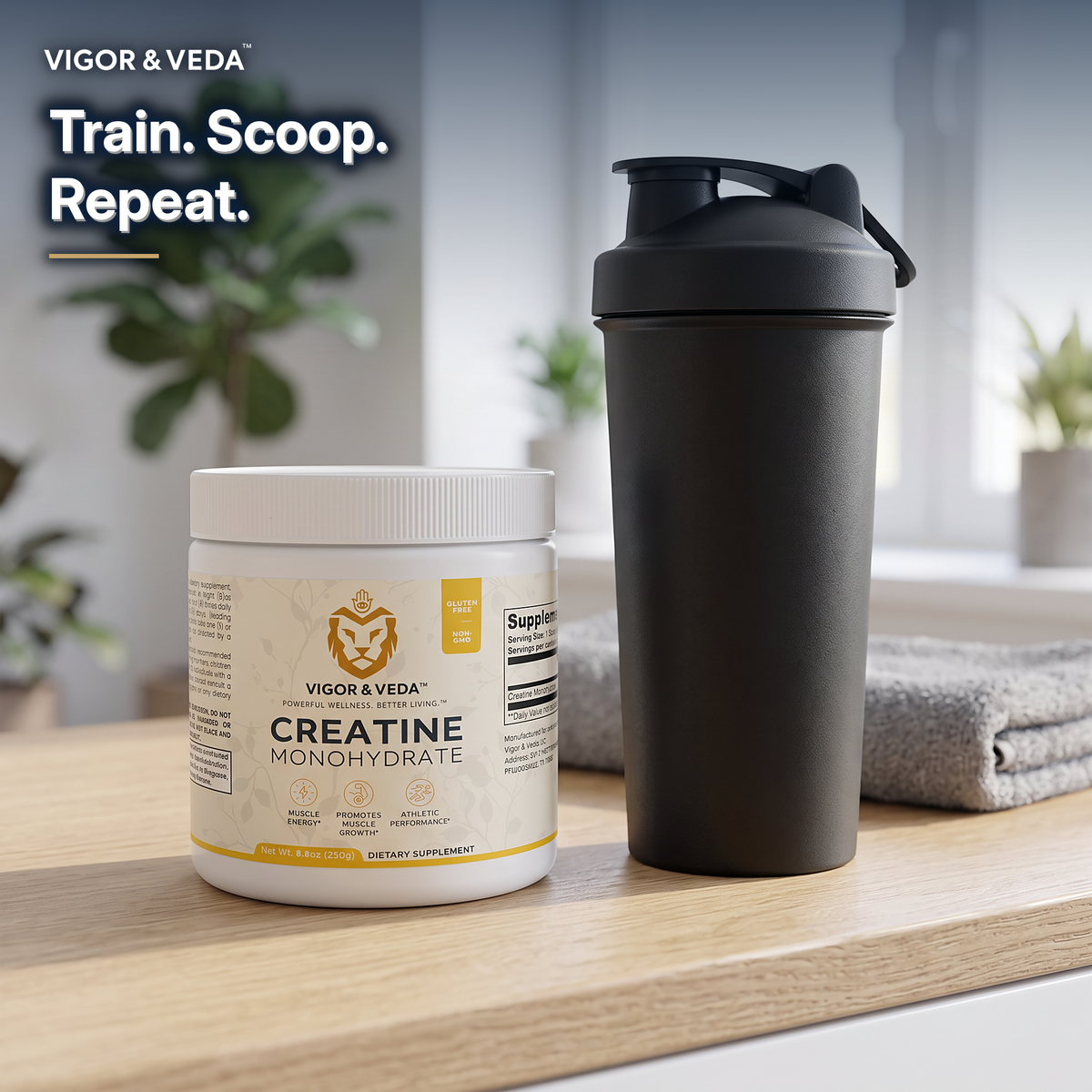 Vigor & Veda Creatine Monohydrate with a shaker bottle, daily ritual