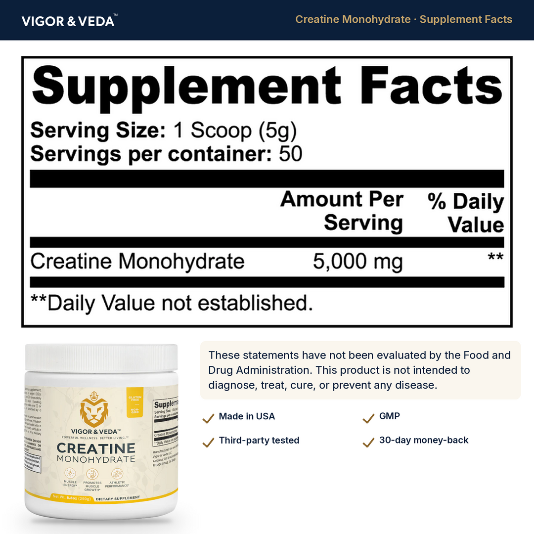 Vigor & Veda Creatine Monohydrate supplement facts