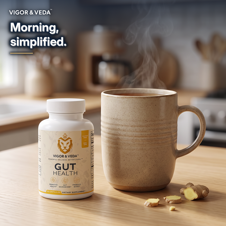Vigor & Veda Gut Health with a mug of ginger tea, daily ritual