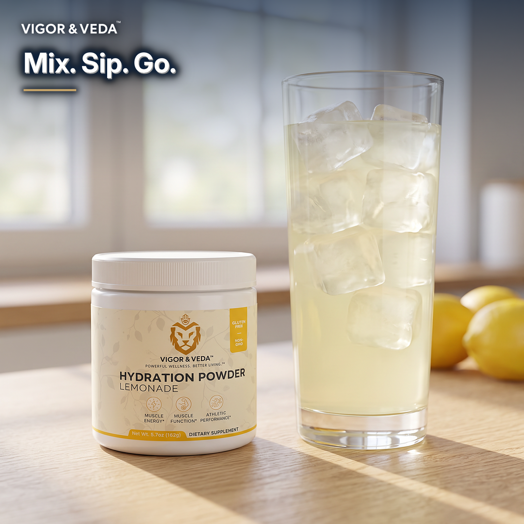 Vigor & Veda Hydration Powder (Lemonade) with a tall glass of iced lemonade, daily ritual