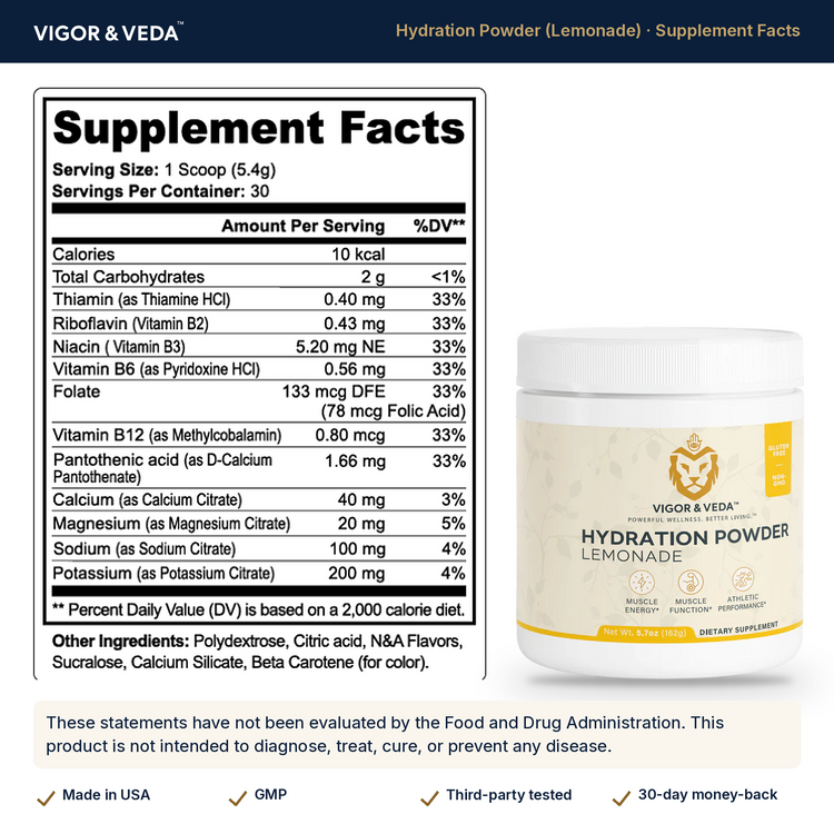 Vigor & Veda Hydration Powder (Lemonade) supplement facts