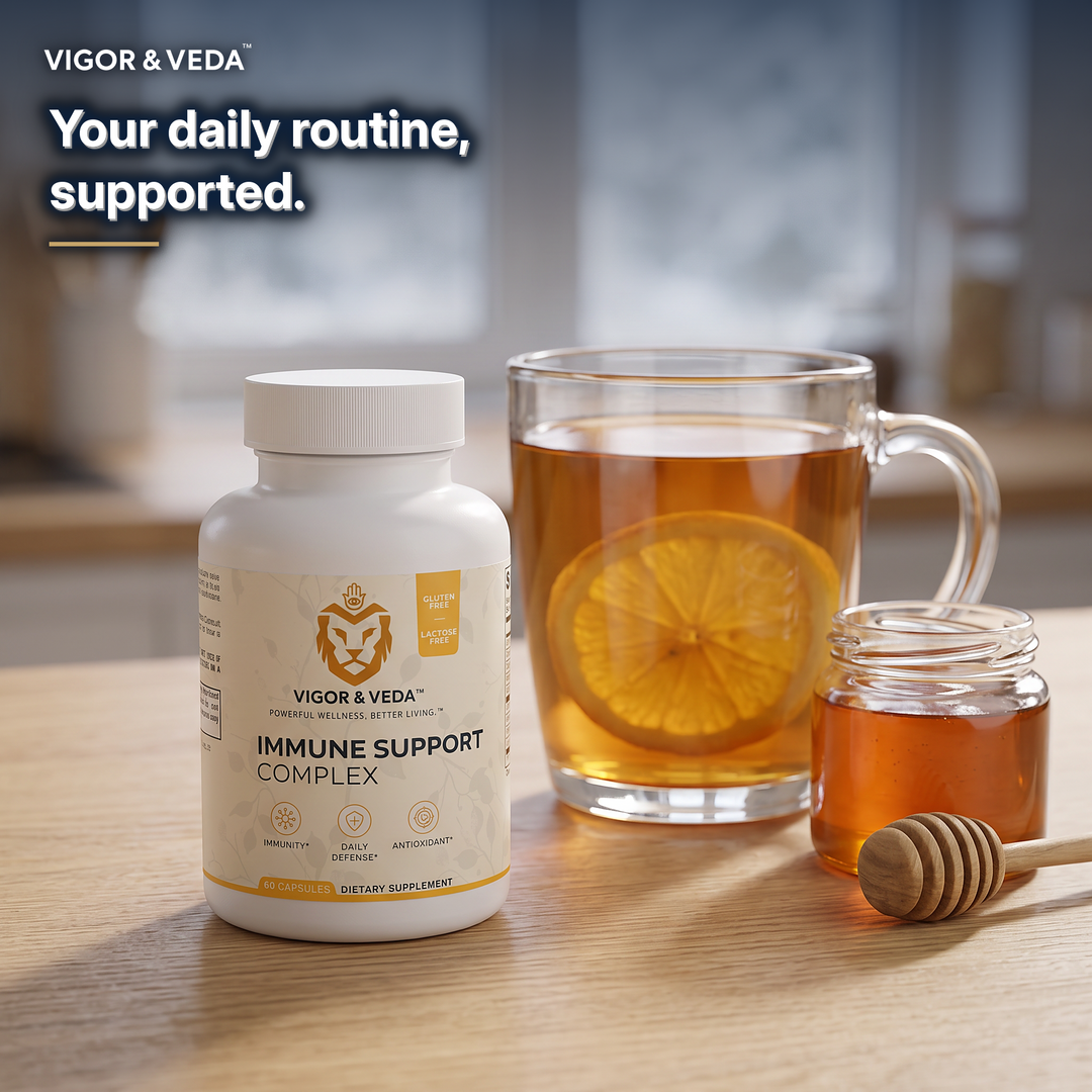 Vigor & Veda Immune Support Complex with lemon tea and honey, daily ritual