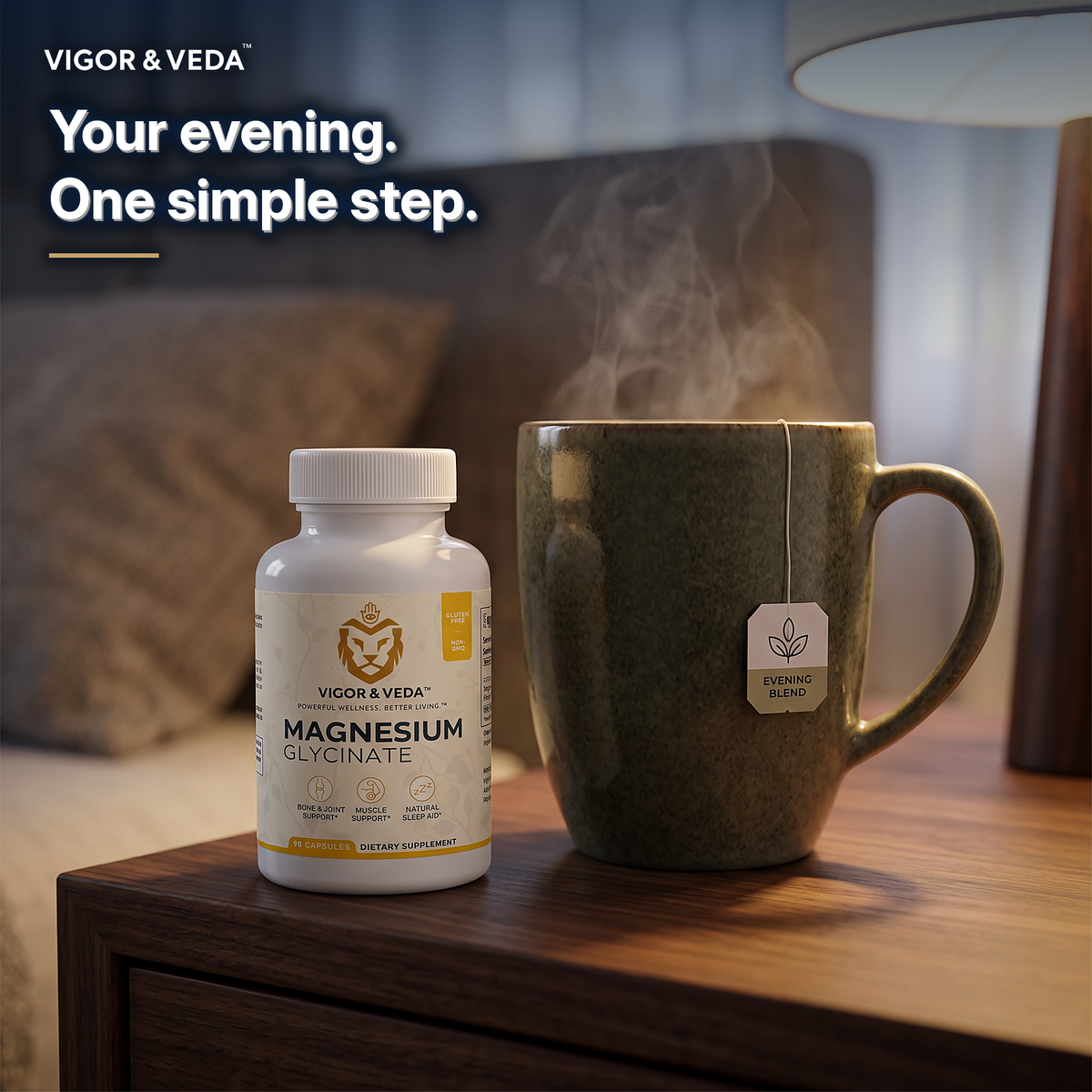 Vigor & Veda Magnesium Glycinate with a mug of evening herbal tea, daily ritual